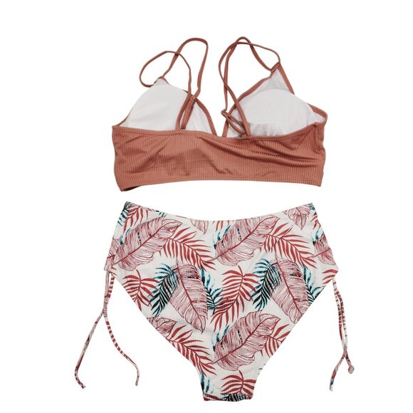 Two-Piece Bikini Set With Tropical Leaf Print & Ribbed Top Size XL Swimsuit - Picture 5 of 5